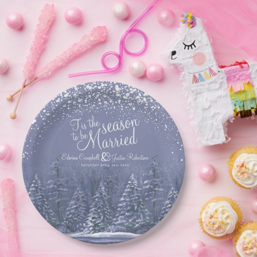 冬の結婚式の松の木の湖の青い芸術 ペーパープレート (パーティー)