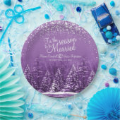 冬の結婚式の松の木の湖パープルアート ペーパープレート (パーティー)