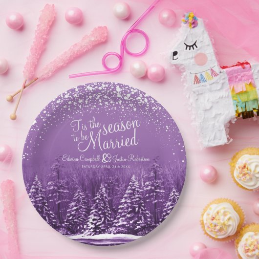 冬の結婚式の松の木の湖パープルアート ペーパープレート (パーティー)