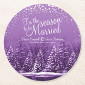 冬の結婚式の松の木の湖パープルアート ラウンドペーパーコースター (正面)