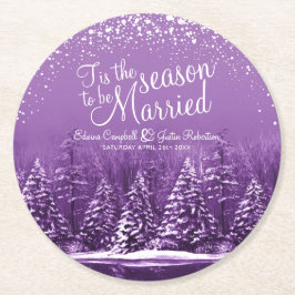冬の結婚式の松の木の湖パープルアート ラウンドペーパーコースター