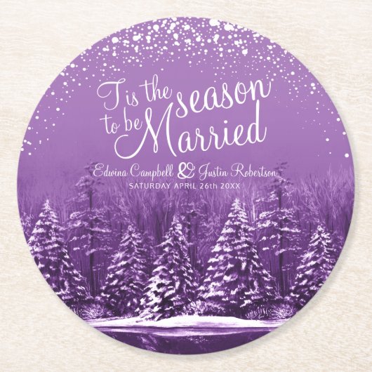 冬の結婚式の松の木の湖パープルアート ラウンドペーパーコースター (正面)