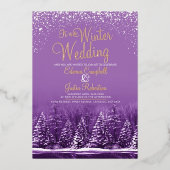 冬の結婚式の松の木の紫の芸術 箔招待状 (正面)