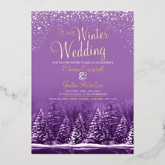 冬の結婚式の松の木の紫の芸術 箔招待状 (正面)