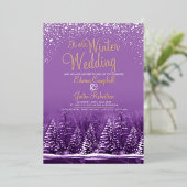 冬の結婚式の松の木の紫の芸術 箔招待状 (立ち正面)