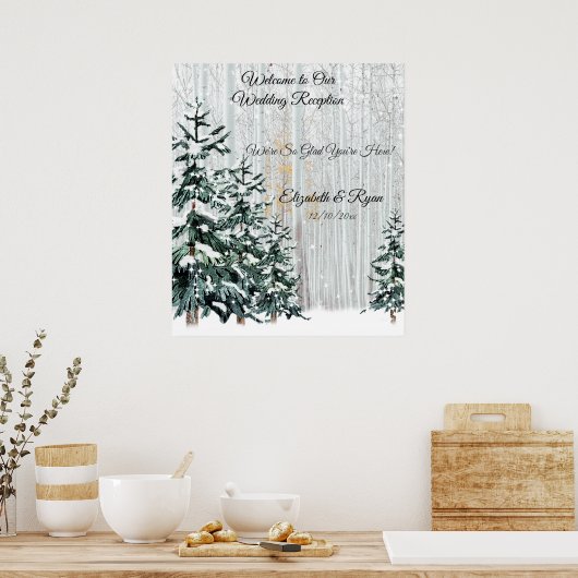 冬の結婚式の松の木の雪の輝く星のポステ ポスター (キッチン)