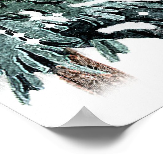 冬の結婚式の松の木の雪の輝く星 ポスター (角)