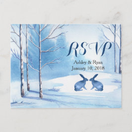 冬の結婚式の水の色の木うさぎRSVP インビテーションポストカード