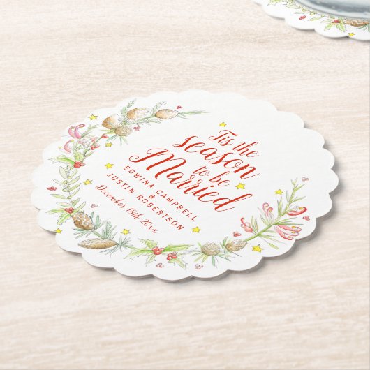 冬の結婚式の水の色の松のコーンの果実 ペーパーコースター (アングル)