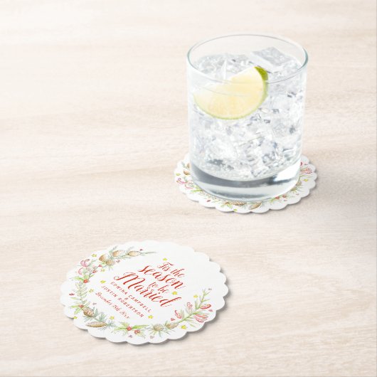 冬の結婚式の水の色の松のコーンの果実 ペーパーコースター (インサイチュ)