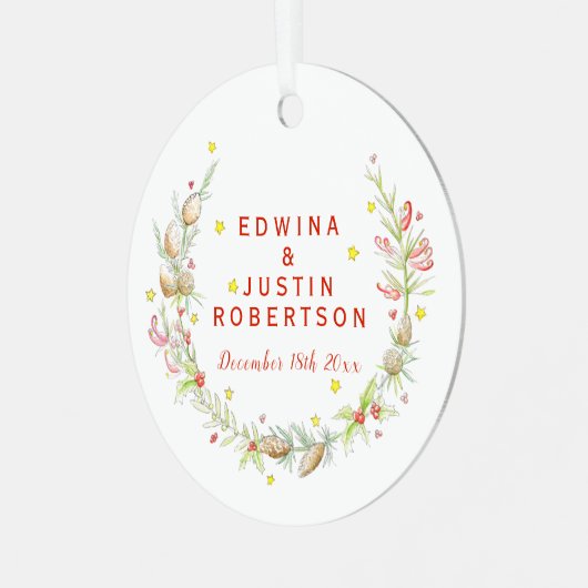 冬の結婚式の水の色の松のコーンの果実 メタルオーナメント (正面左)