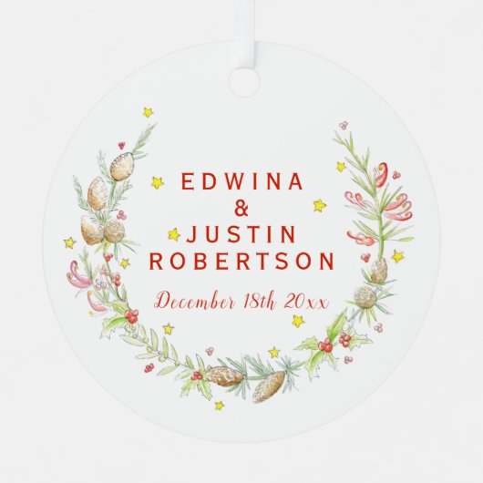 冬の結婚式の水の色の松のコーンの果実 メタルオーナメント (正面)