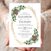 冬の結婚式の水の色の緑のパインコーン 招待状