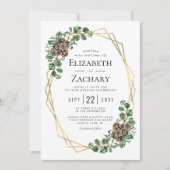 冬の結婚式の水の色の緑のパインコーン 招待状 (正面)