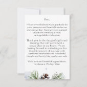 冬の結婚式の水の色の雪の松 サンキューカード (裏面)