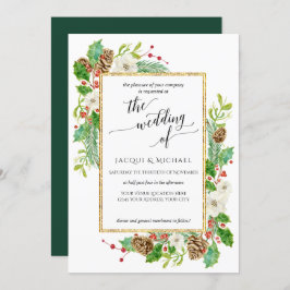 冬の結婚式の水の色バラパインコーン離れ 招待状