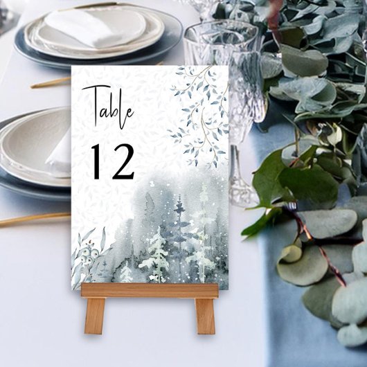 冬の結婚式の水カラー雪の森の編集可能 テーブルナンバー