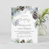 冬の結婚式の水色の雪の松のテンプレート セーブザデート (スタンド正面)