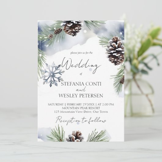 冬の結婚式の水色の雪の松のテンプレート セーブザデート (スタンド正面)