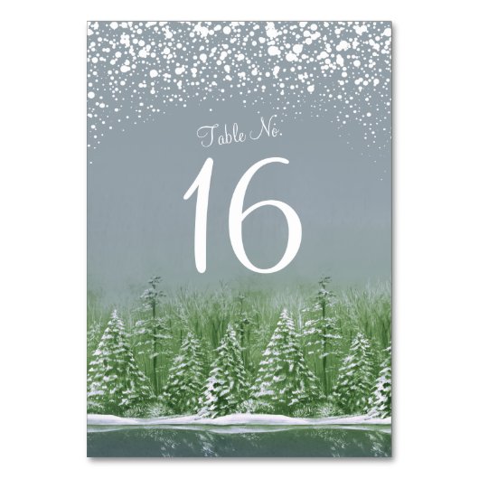 冬の結婚式の灰色の緑の松の木のテーブル番号 テーブルナンバー (正面)