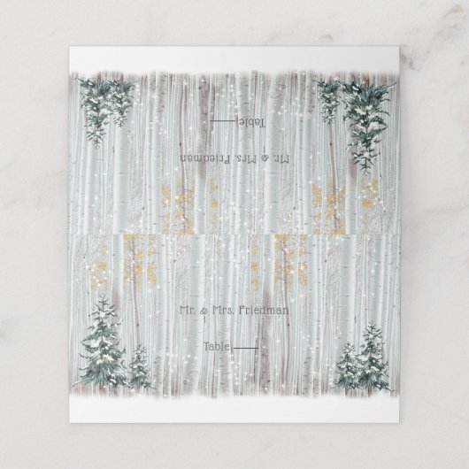 冬の結婚式の白い樺の木松の木の雪 プレイスカード (外部開封)