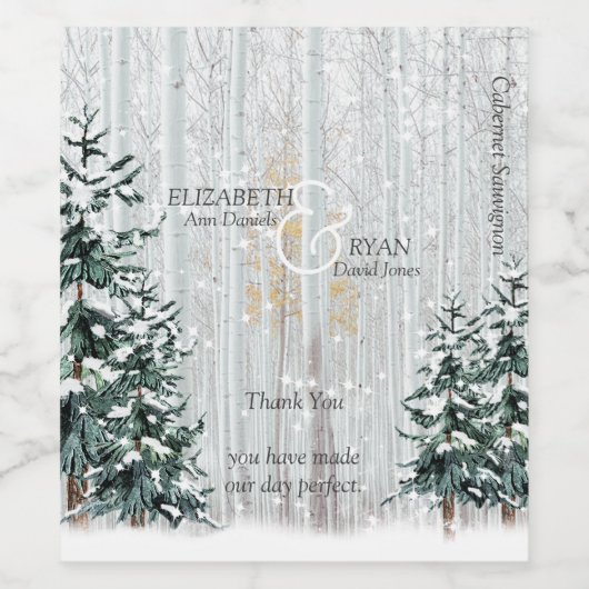 冬の結婚式の白い樺の木、松の木 ワインラベル (シングルラベル)