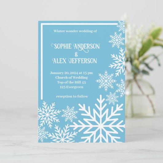 冬の結婚式の白い雪のターコイズ氷 招待状 (スタンド正面)