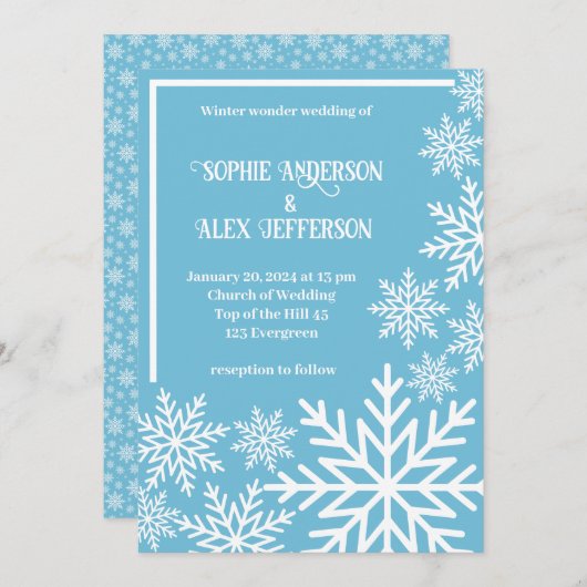 冬の結婚式の白い雪のターコイズ氷 招待状 (正面/裏面)
