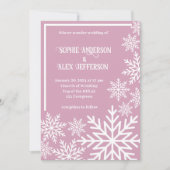 冬の結婚式の白い雪のピンク 招待状 (正面)