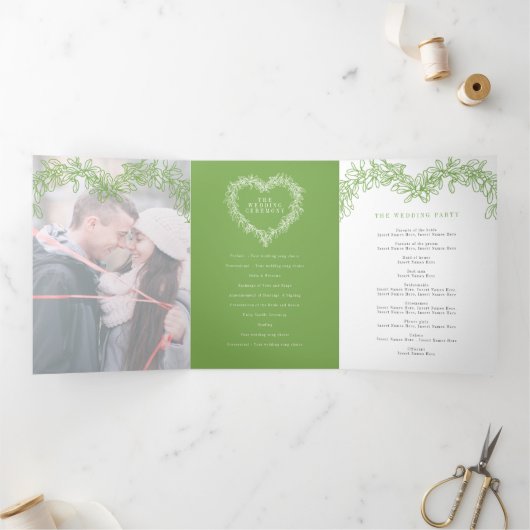冬の結婚式の緑のヤドリギ植物性結婚 三つ折りプログラム (内部)
