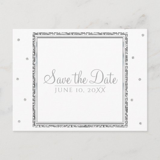 冬の結婚式の華やかさ　シルバーとホワイトのSave the Date 案内ポストカード (正面)