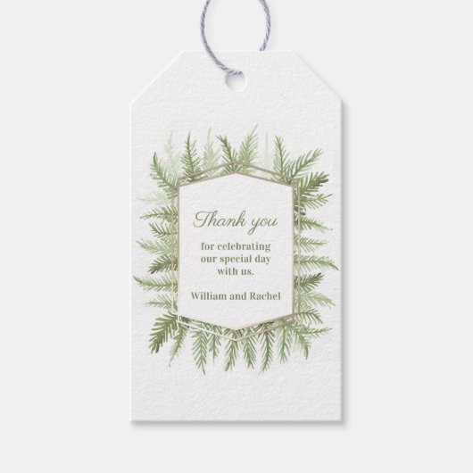 冬の結婚式の葉の水色の緑 ギフトタグ (正面)