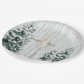 冬の結婚式の輝く雪の結晶の松の木 ペーパープレート (アングル)