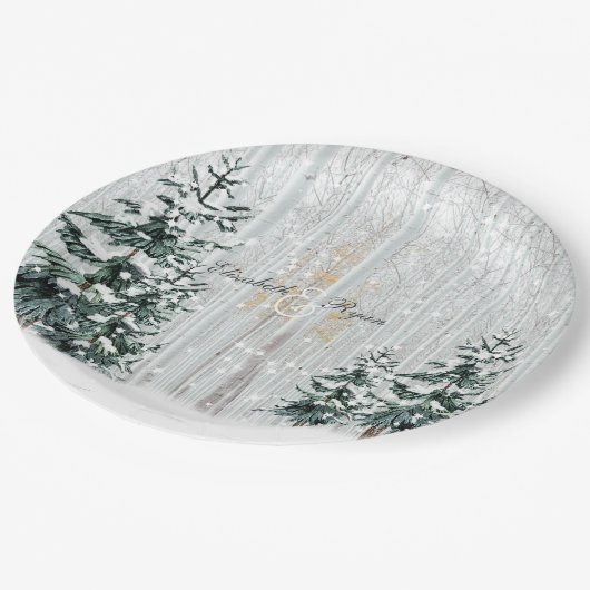 冬の結婚式の輝く雪の結晶の松の木 ペーパープレート (アングル)