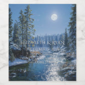 冬の結婚式の雪の川の木の満月 ワインラベル (シングルラベル)