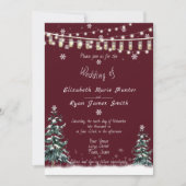 冬の結婚式の雪の松の木がブルゴーニュモダンー 招待状 (正面)