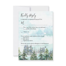 冬の結婚式の雪の松の木の出欠確認カード