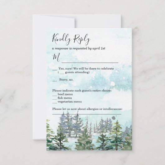 冬の結婚式の雪の松の木の出欠確認カード 招待状 (正面)