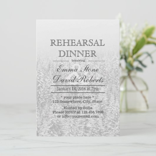 冬の結婚式の雪の森のリハーサルディナー 招待状 (スタンド正面)