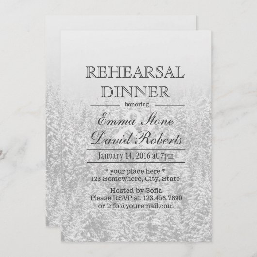 冬の結婚式の雪の森のリハーサルディナー 招待状 (正面/裏面)