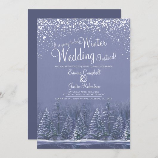 冬の結婚式の雪の湖の青 招待状 (正面/裏面)