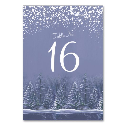 冬の結婚式の青い白い松の木のテーブル番号 テーブルナンバー (裏面)