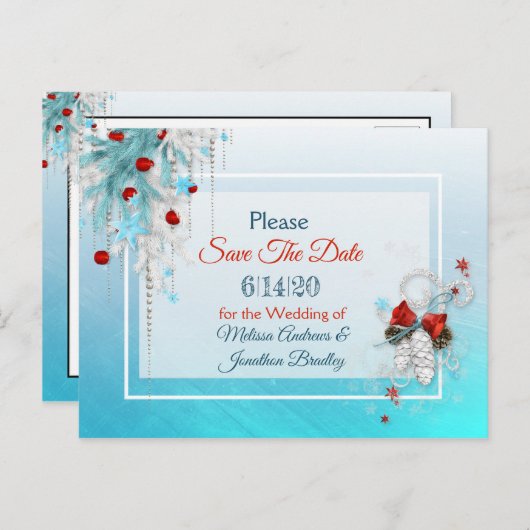 冬の結婚式をテーマにした日付はがきを保存 案内ポストカード (正面/裏面)