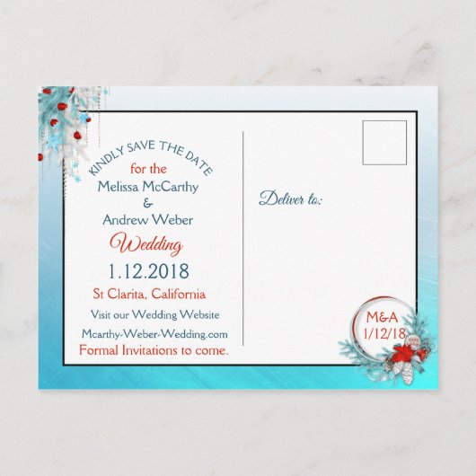 冬の結婚式をテーマにした日付はがきを保存 案内ポストカード (裏面)