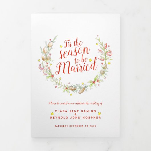 冬の結婚式コーン赤い果実の水色の写真 三つ折りプログラム (カバー)