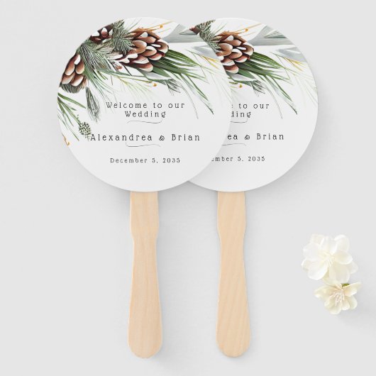 冬の結婚式パインコーン雪の松の枝 ハンドファン (正面&裏面)