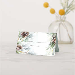 冬の結婚式パインコーン雪の松の枝 プレイスカード