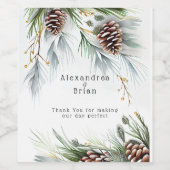 冬の結婚式パインコーン雪の松の枝 ワインラベル (シングルラベル)