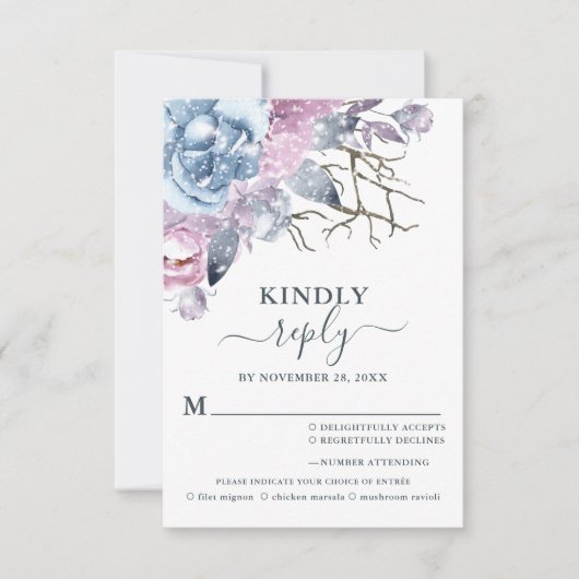 冬の結婚式フローラ雪の食事の選択 出欠カード (正面)