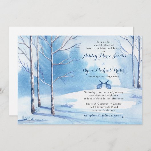冬の結婚式招待状の水彩画の木のウサギ 招待状 (正面/裏面)